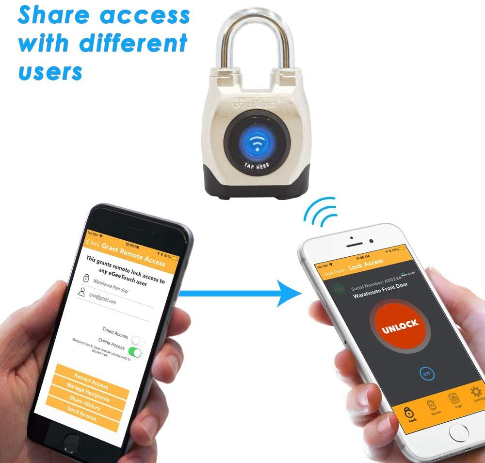 eGeeTouch 4th GEN. Outdoor Smart Padlock, Weatherproof, Rugged Design for Commercial use, Bluetooth + NFC (1 Pack) Satin Silver