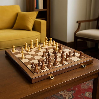 20 Extra Large Folding Chess Set - Walnut Wood Board &amp Weighted PVC Pieces - Portable Tournament Game for Adults Travel Gifts (Perfect for Beginners &amp Adults)