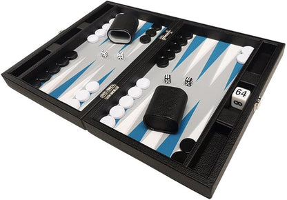 13-inch Premium Backgammon Set - Travel Size - Black Board White and Astral Blue Points