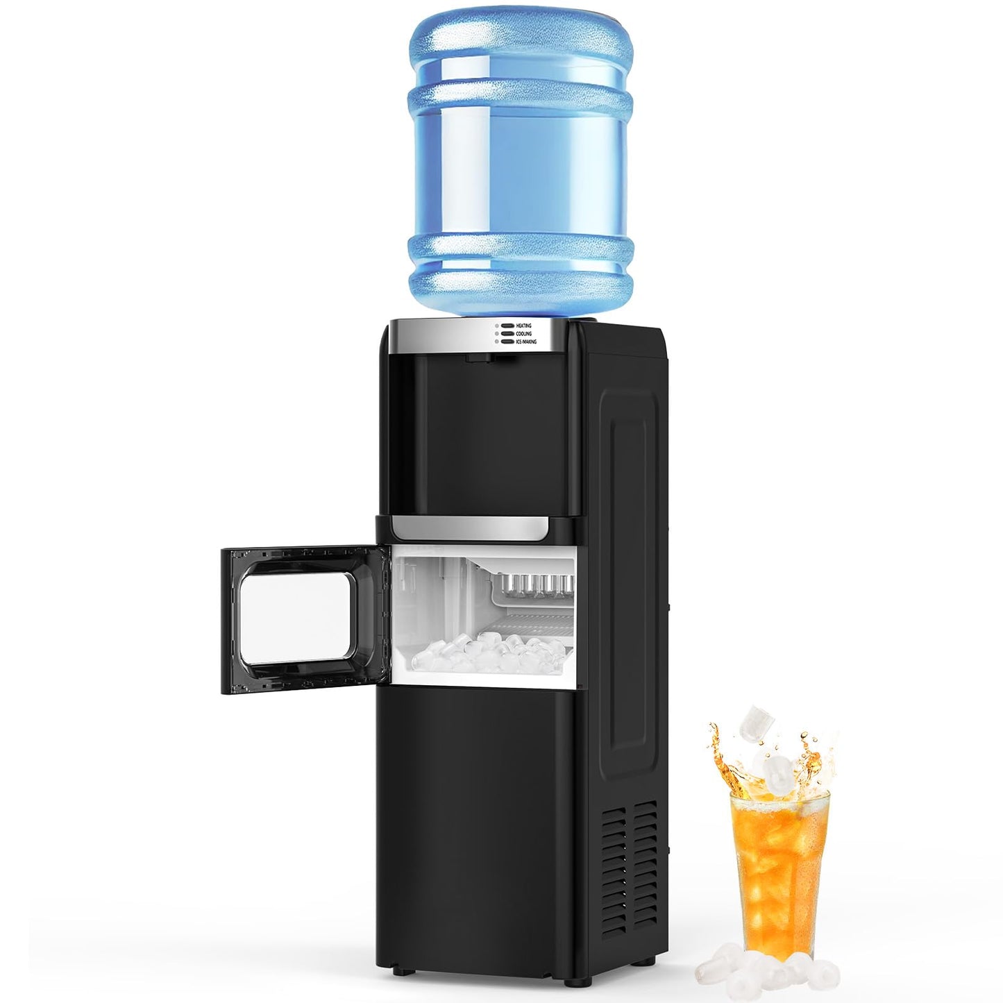 Electactic Water Dispenser with Ice Maker Function, Top Loading Hot and Cold Water Cooler for 5 Gallon Bottle - Includes Child Safety Lock - Water Machine for Home, Office, Garage - Black