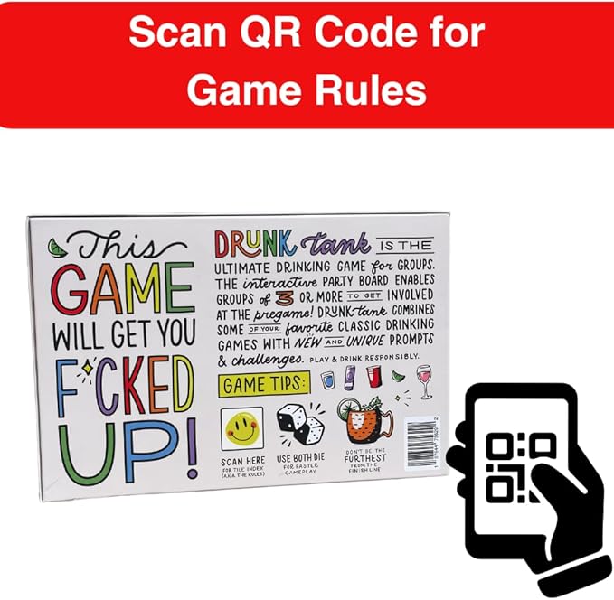 Drunk Tank Interactive Party Drinking Game – Board Games for Adults| Includes 8 Player Pieces 2 Dice and QR Code Rules | Funny Games for Pregames and Parties