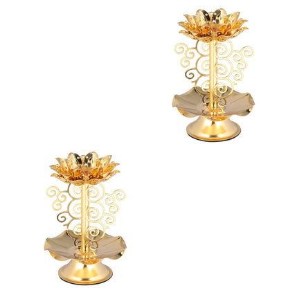 HOMSFOU 2 Pcs Alloy Candle Holder - Creative Lotus Carving Candlestick Lantern with Stereoscopic Petal Design, Ideal for Home Decorations, Temples, Offices, Living Rooms