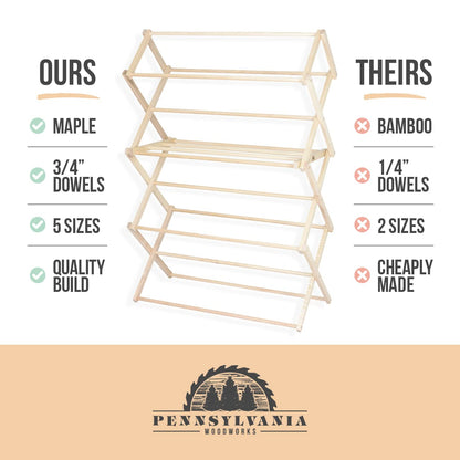 Pennsylvania Woodworks Clothes Drying Rack: Solid Maple Hard Wood Laundry Rack for Blankets, Towels, Bedding & More, Heavy Duty Folding Drying Rack, Made in USA, No Assembly Needed, XXLarge