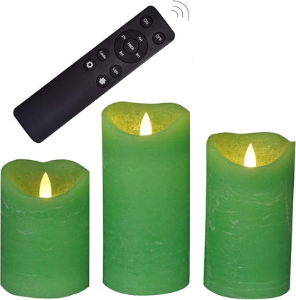 Magiq Set of 3 Apple Green Battery Operated Flameless Candles with Remote Timer Realistic Flickering Real Wax LED Pillars for St. Patrick's Day Table Centerpieces Christmas Decorations Home Decor