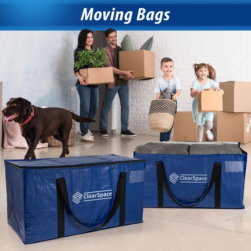 ClearSpace Heavy Duty Moving Bags - Water Resistant Storage Bags or Storage Bins with Lids and Moving Supplies - Large Moving Boxes for College Dorm, Travel, Closet Organization - 6 Pack