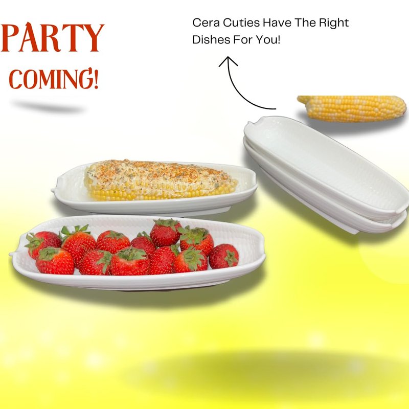 Cera Cuties Corn Dishes Set of 4, Corn Cob Holders 8.8", White Ceramic Dishes Non-slip Bottom, Microwave, Dishwasher and Oven Safe.