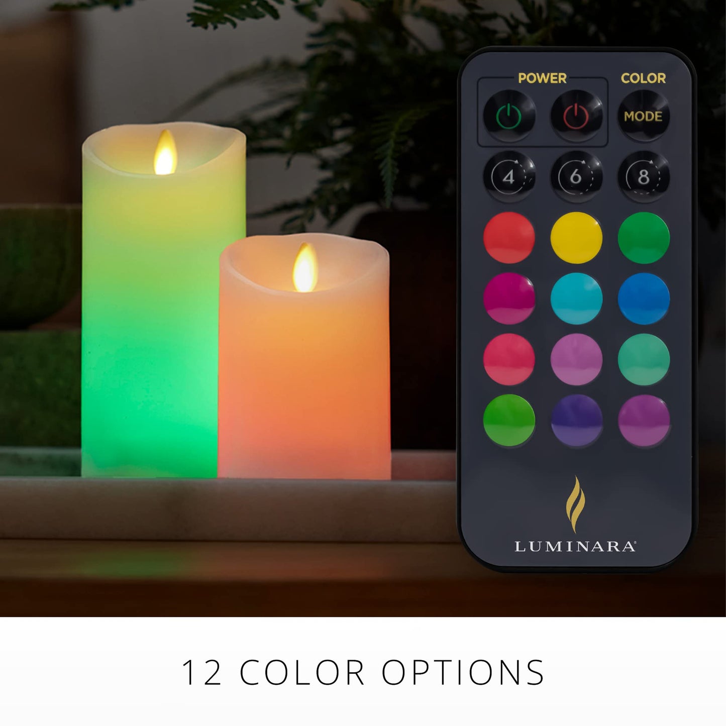 Luminara Flameless Color Changing LED Candle 3" x 6.5", Real Wax Moving Flame, Battery Operated w/ 18 Button Remote, Unscented Safe