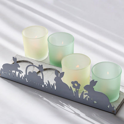 SYFURNIX Spring Votive Candle Holder Set, Includes 4 Glass Candle Holders & 1 Wooden Tray with Metal Bunny Decor for Table Centerpiece Decorations and Indoor Outdoor Home Decor