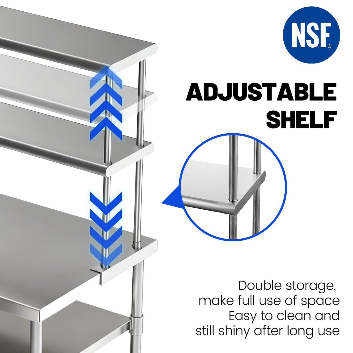 Hally Double Overshelf of Stainless Steel 12'' x 48'' Weight Capacity 380lb, Commercial 2 Tier Shelf for Prep & Work Table in Restaurant, Home and Kitchen