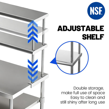 Hally Double Overshelf of Stainless Steel 12'' x 48'' Weight Capacity 380lb, Commercial 2 Tier Shelf for Prep & Work Table in Restaurant, Home and Kitchen