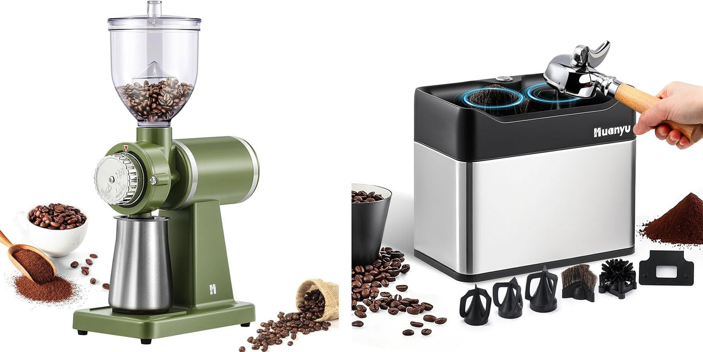 Huanyu Electric Coffee Bean Grinder 250G Automatic Burr Grinder Green and Huanyu Electric Espresso Portafilter Cleaner with Dual Brush Heads and Three Scrapers Bundle
