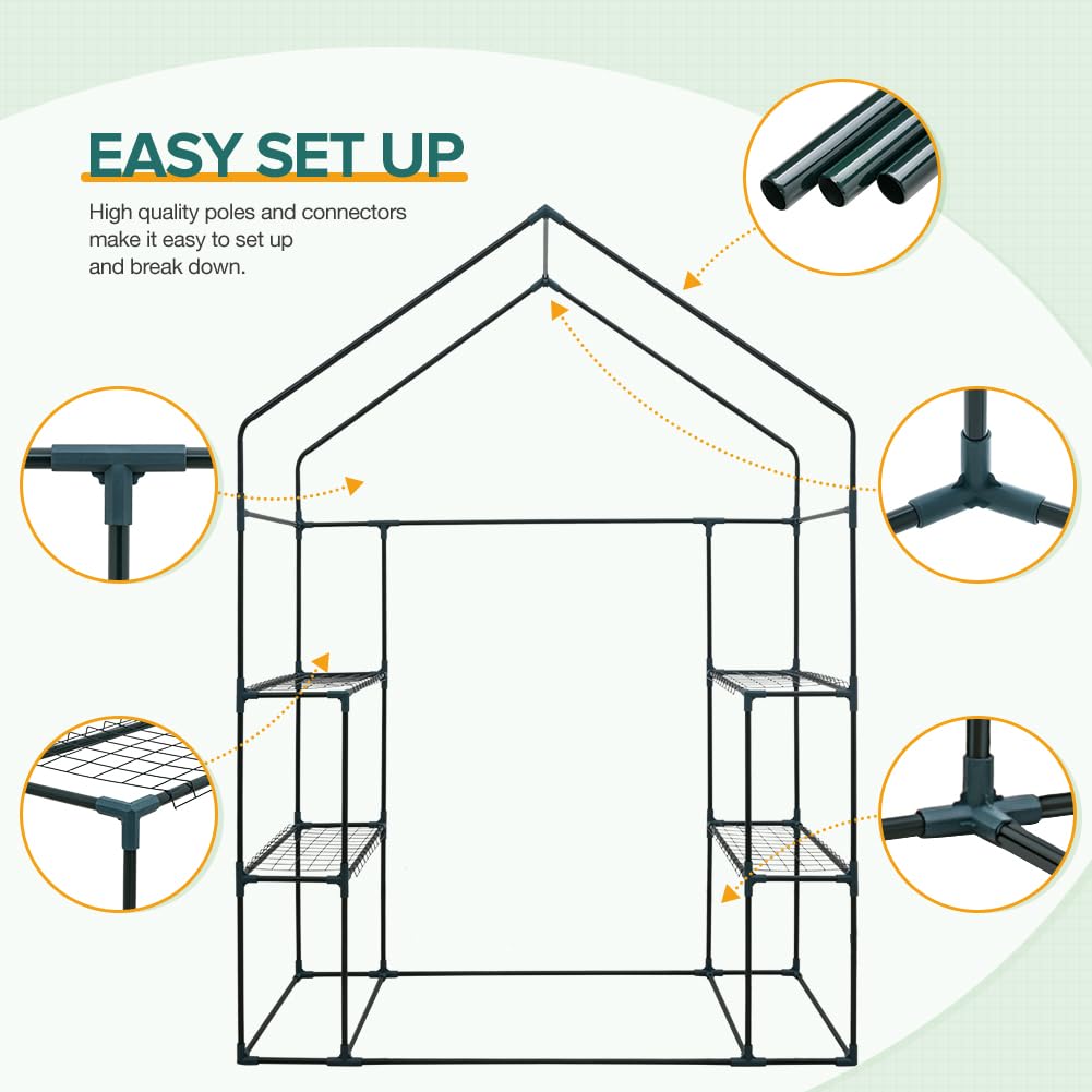 EAGLE PEAK Walk in 3-Tier Greenhouse with Wire Shelves, Portable Indoor and Outdoor Green House with Roll-Up Zippered Door & 2 Roll Up Side Windows, 4 Shelves, 61"x28"x79", Clear/Green PE Cover
