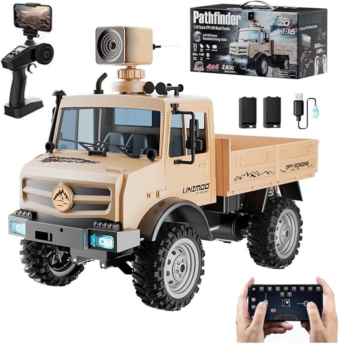 RC Military Truck 1:16 Scale Remote Control Car with Camera All Terrain RC Rock Crawler Off-Road RC Truck 2.4GHz Army Transport Vehicle with 2 Rechargeable Batteries for Adults Beige