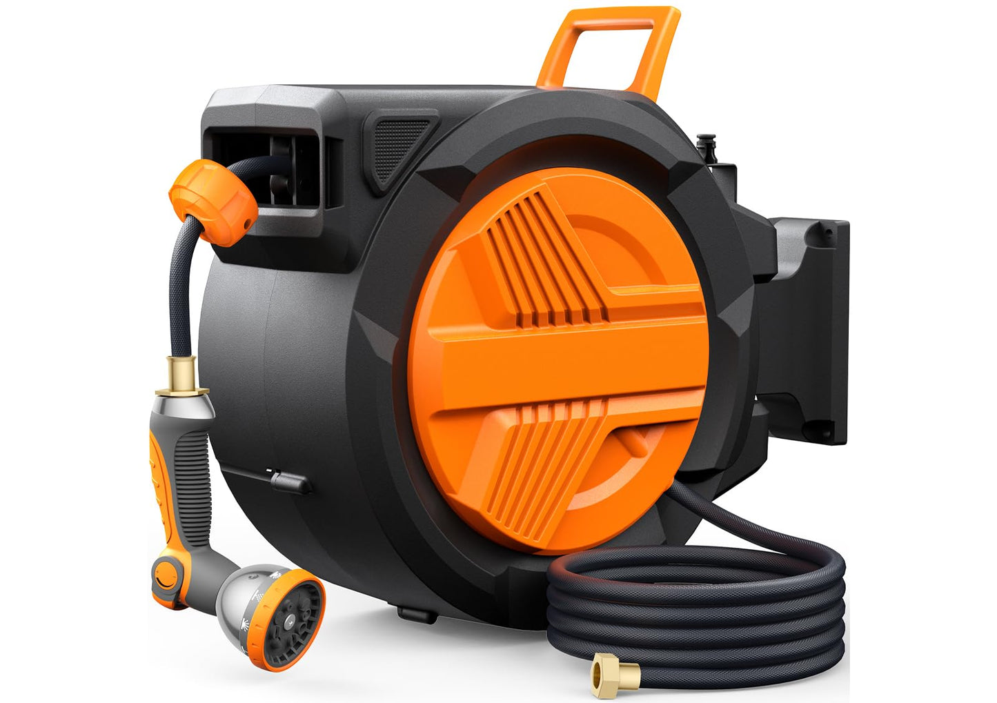 Retractable Garden Hose Reel 5/8” x 100ft, Auto Rewind Hose Reels for Outside, Heavy-Duty Wall-Mounted Outdoor Hose, 10-Mode Nozzle, Adjustable Length, 180° Rotation for Watering, Car Washing