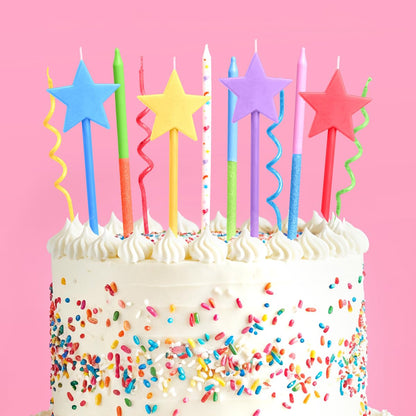 xo, Fetti Fun Novelty Birthday Candles - 14 Piece Set | Star Shaped, Glitter, Pastel Rainbow, Party Decorations, Celebrations, Sparkle, Unique Candles