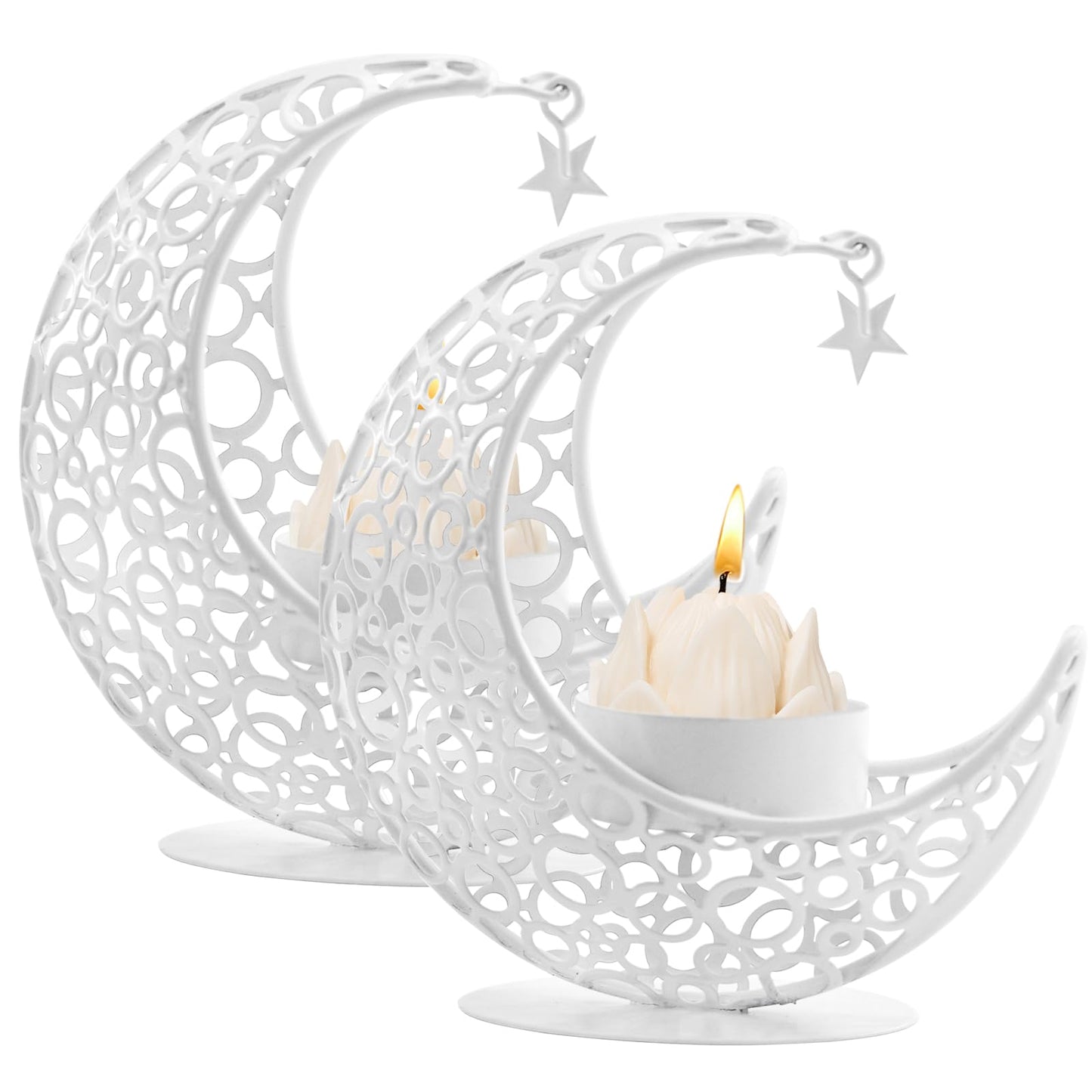 MrMrKura Moon Candle Holders Set of 2, Metal Tealight Candle Holder for Table Centerpiece Decorative Votive Candlesticks Holder for Party Home Decor (White)