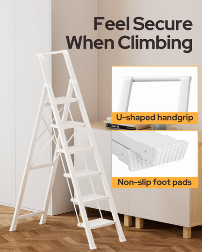GameGem 6 Step Ladder for 12 Feet High Ceiling, Lightweight Aluminum Folding Step Stool with Convenient Handgrip, Stepladders with Anti-Slip and Wide Pedal for Home Use Space Saving - White