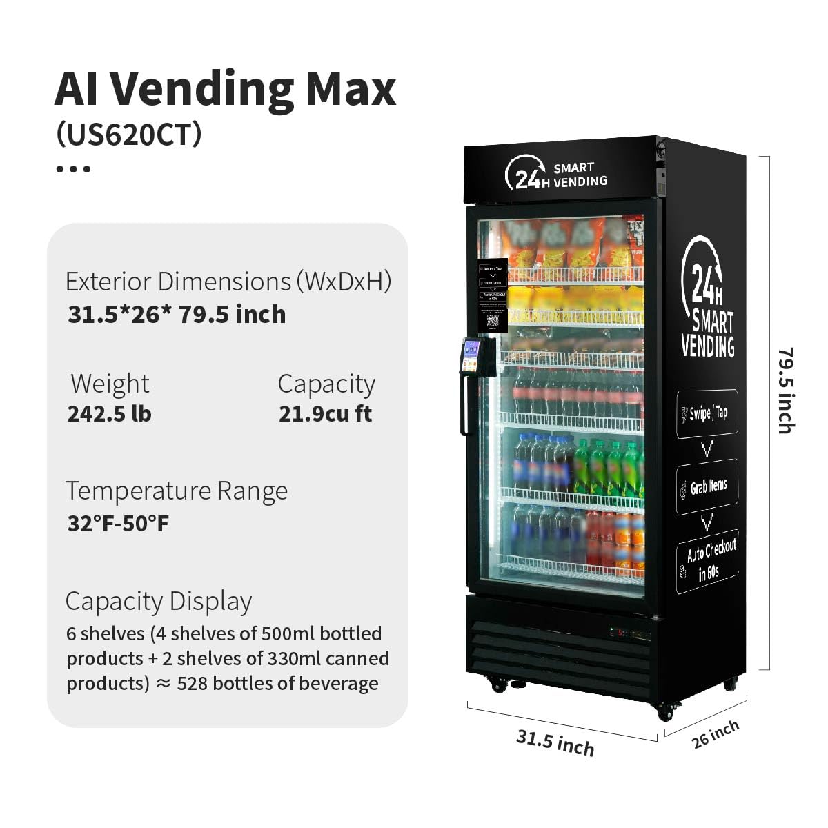 Vending Machine,Smart Refrigerated Vending Machine with Touch Card Reader (Black, Max)