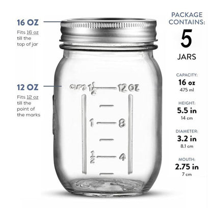 16 oz - 5-Pack Regular Mouth Glass Jars with Lid & Seal Bands - Airtight Container for Pickling, Canning, Candles, Home Decor, Overnight Oats, Fruit Preserves, Jam or Jelly