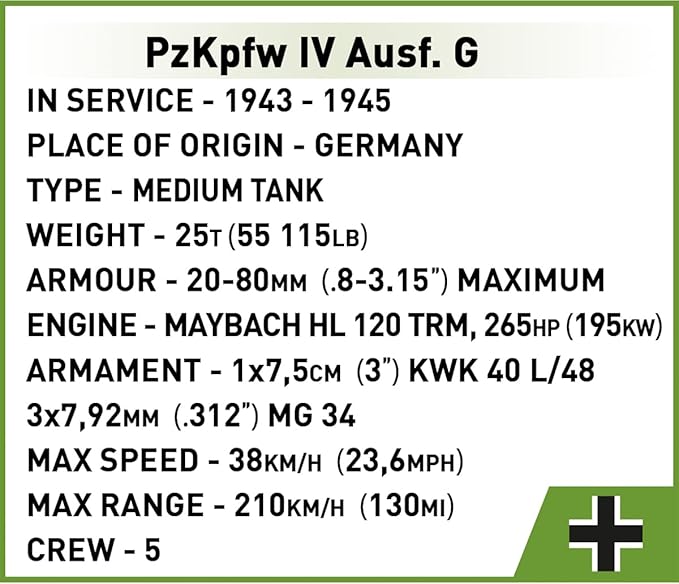 COBI Historical Collection WWII PzKpfw IV Ausf. G Tank Building Set 1107 Pieces