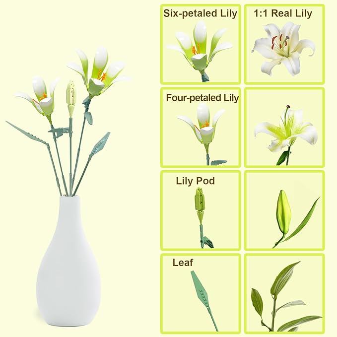 Lily Flower Building Kit for Adults Flower Bouquet Building Block Set Artificial Flowers Mini Building Bricks for Gifts/Home Decor Botanical Collection (White)