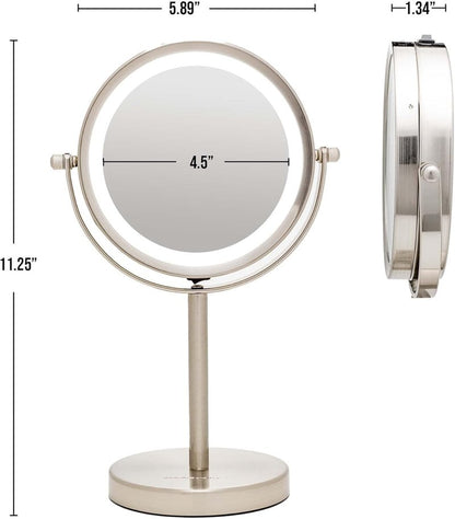 OVENTE 6" Lighted Makeup Mirror with 1X/7X Magnification, Cordless Tabletop Mount Vanity Round Mirror with 360° Swivel Design and Double Sided Cool Tone LED Ring Light, Nickel Brushed MLT60BR1X7X