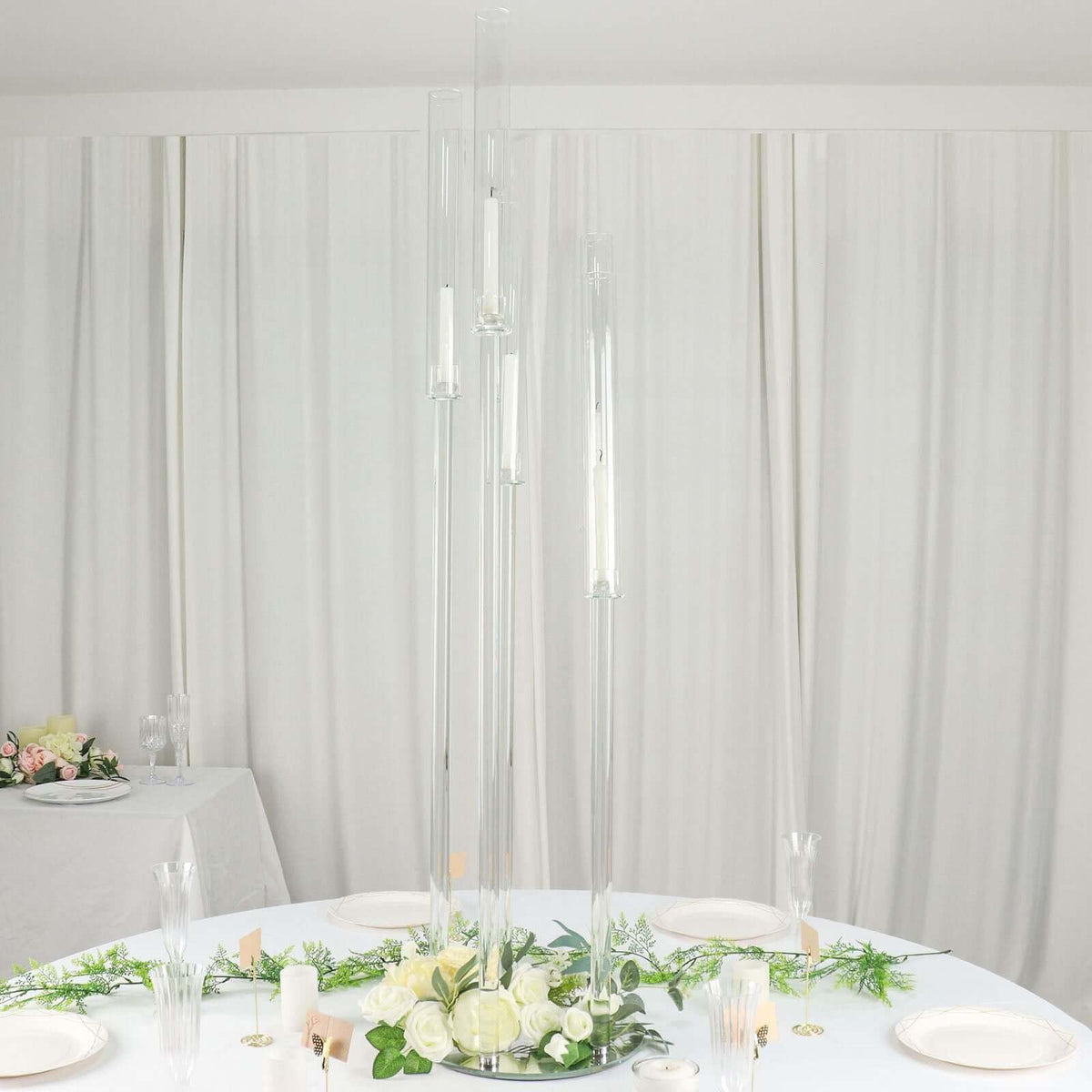 Efavormart 51" Clear 5-Arm Crystal Round Cluster Taper Candelabra Candle Holders, Votive Pillar LED Candle Holders with Round Mirror Base