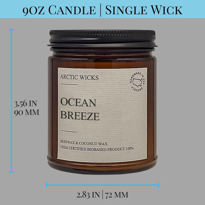 Arctic Wicks Scented Coconut Beeswax Candles | Coconut Beeswax Non Toxic Candle 9oz Amber | Farmhouse Candles Non-Toxic Clean Burn 100% USDA Certified Biobased (Ocean Breeze)