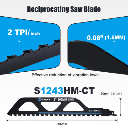 MUOZLOP 12 inch Masonry Reciprocating Saw Blades,2TPI Carbide Blade Strong teeths for Cutting Brick, Cement, Porous Concrete，5 Pack (5, 12 inch)