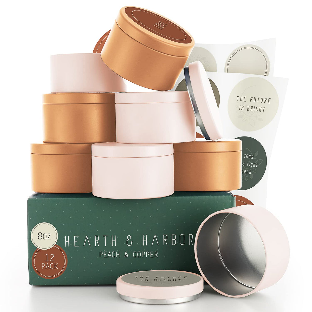 Hearth & Harbor Tin Candle Jars for Making Candles - DIY Candle Containers with Lids - Metal Candle Jars - Bulk Tins Storage for Candle - (12 Pieces) - (8 Ounces) - Solid Peach and Copper