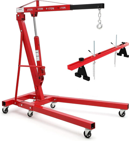 DEXSO Engine Hoist and Engine Support Bar Combo, 2 Ton Folding Hydraulic Engine Crane, 4400 LBS Cherry Picker, 1100 LBS 2 Point Lift Holder Hoist Dual Hooks, Red