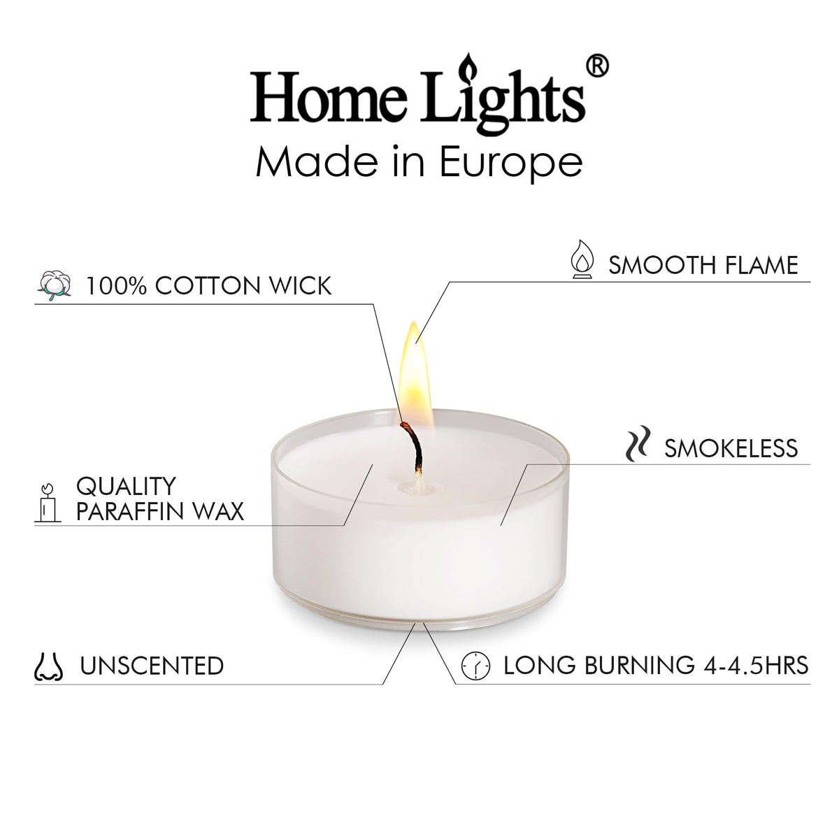 Home Lights Homelights Tea Lights Candles, Giant 100,200,300 Bulk Packs, White Unscented European Smokeless Clear Cup Tea Lights for Shabbat, Weddings, Christmas, Home Decorative- 200 Pack