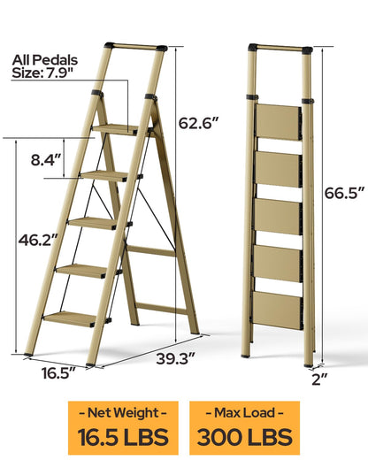 GameGem 5 Step Ladder for 10 Feet High Ceiling, Lightweight Aluminum Folding Step Stool with Convenient Handgrip, Stepladders with Anti-Slip and Wide Pedal for Home Use Space Saving - Gold