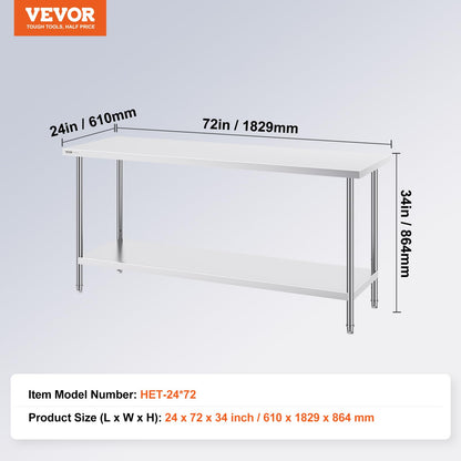 VEVOR Stainless Steel Prep Table, 24 x 72 x 34 Inch, 880 lbs Load Capacity, Heavy Duty Metal Worktable with 3 Adjustable Height Levels, Commercial Workstation for Kitchen Garage Restaurant Backyard
