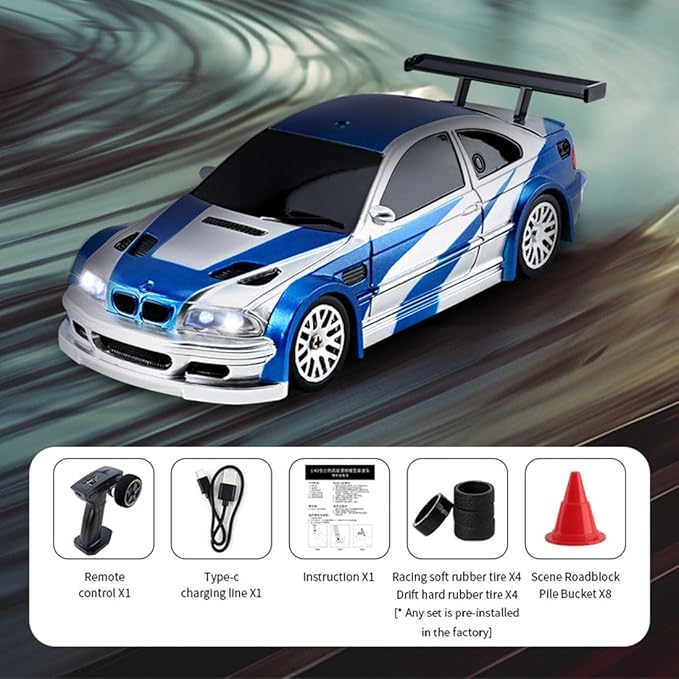 HERR RC Electric Mini Racing Drift Car Model 1:43 Scale 2.4G Full Scale Linkage Light Set Max Speed 15km/h Indoor Mini RC Toys Hobbyist Gift Black White (RTR Version/Blue &amp White)
