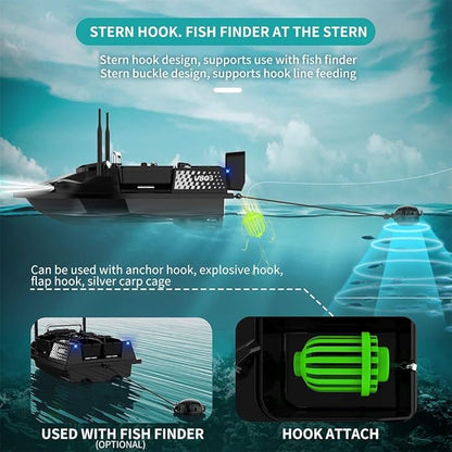 RC Bait Boat for Fishing with 4 Boxes Dual Antena and 18000mAh Battery for 500M Long-Range Bait Boat with LED Light Hook Release High-definition Color Screen Remote Control GPS Positioning