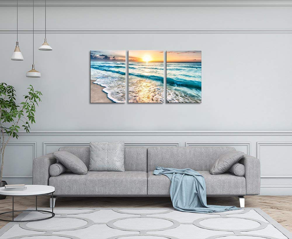 TutuBeer 3 Panel Canvas Wall Art for Home Decor Blue Sea Sunset White Beach Painting the Picture Print on Canvas Seascape the Pictures For Home Decor Decoration,Ready to Hang