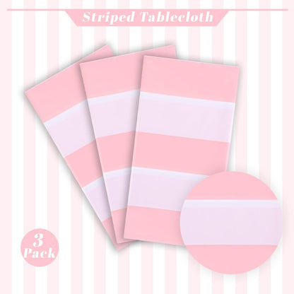 Kesfey 3 Packs Pink and White Vertical Striped Tablecloth 54 x 108 Inch Pink Stripe Table Cloths Disposable Plastic Stripe Table Covers Waterproof Pink Striped Picnic Table Cover for Birthday Party