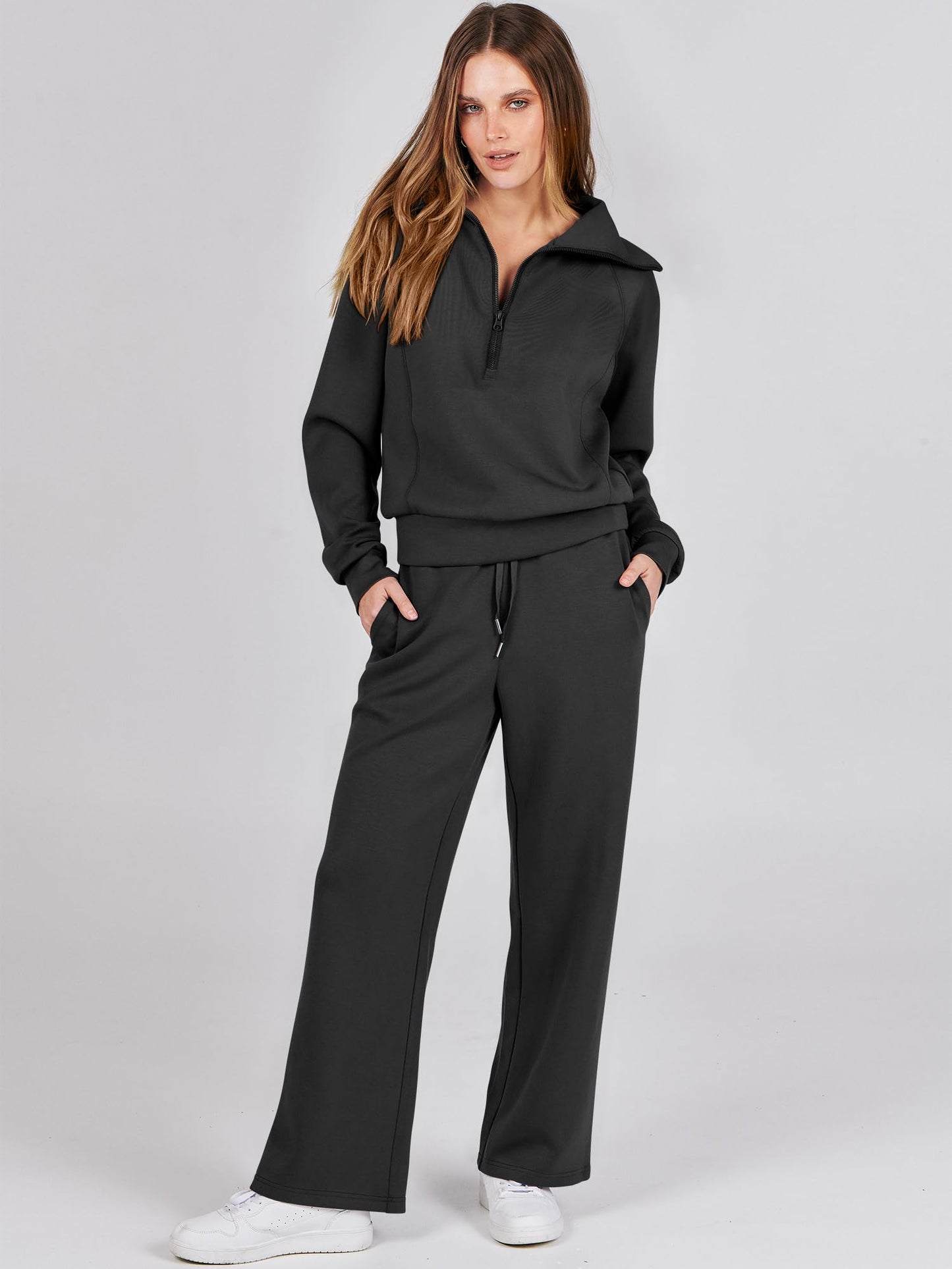 ANRABESS Women 2 Piece Outfits 2025 Fall Fashion Airport Wide Leg Pants Lounge Set Leisure Travel Vacation Clothes Sweatsuits Black X-Small
