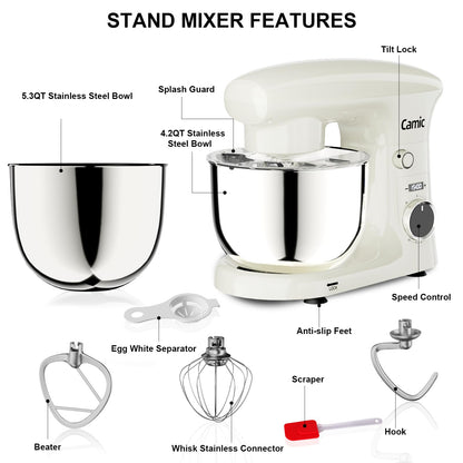 Camic Stand Mixer, 4.2QT+5.3QT Two bowls Electric Food Mixer, 10 Speeds with Digital setting 3-IN-1 Kitchen Mixer for Baking Cakes Cookie Bread Salad with Egg Whisk,Dough Hook,Flat Beater (White)