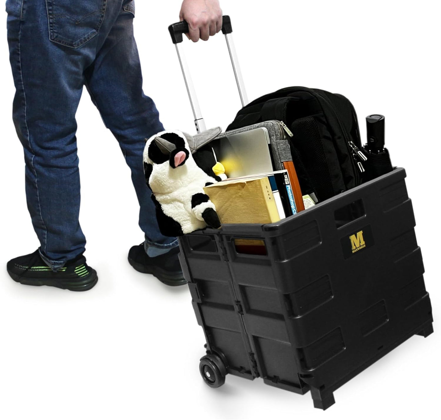 MaxWorks 50830 Collapsible Black Rolling Folding Dolly Cart for Teachers - Multi-Functional Teacher Dolly with Extra Storage, Durable Wheels, and Easy-to-Fold Design for Classroom, Office, Shopping