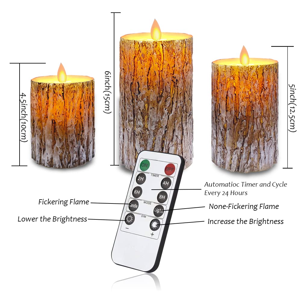 MIVITOOM Pine Bark LED Flameless Pillar Candles Battery Operated with Flickering Warm Yellow Light Moving Wicks, Pack of 3 (D 3”×H 4”5”6”) Real Wax Candles with Timer and Remote Control
