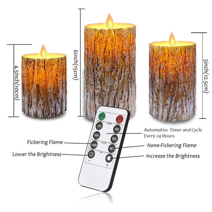 MIVITOOM Pine Bark LED Flameless Pillar Candles Battery Operated with Flickering Warm Yellow Light Moving Wicks, Pack of 3 (D 3”×H 4”5”6”) Real Wax Candles with Timer and Remote Control