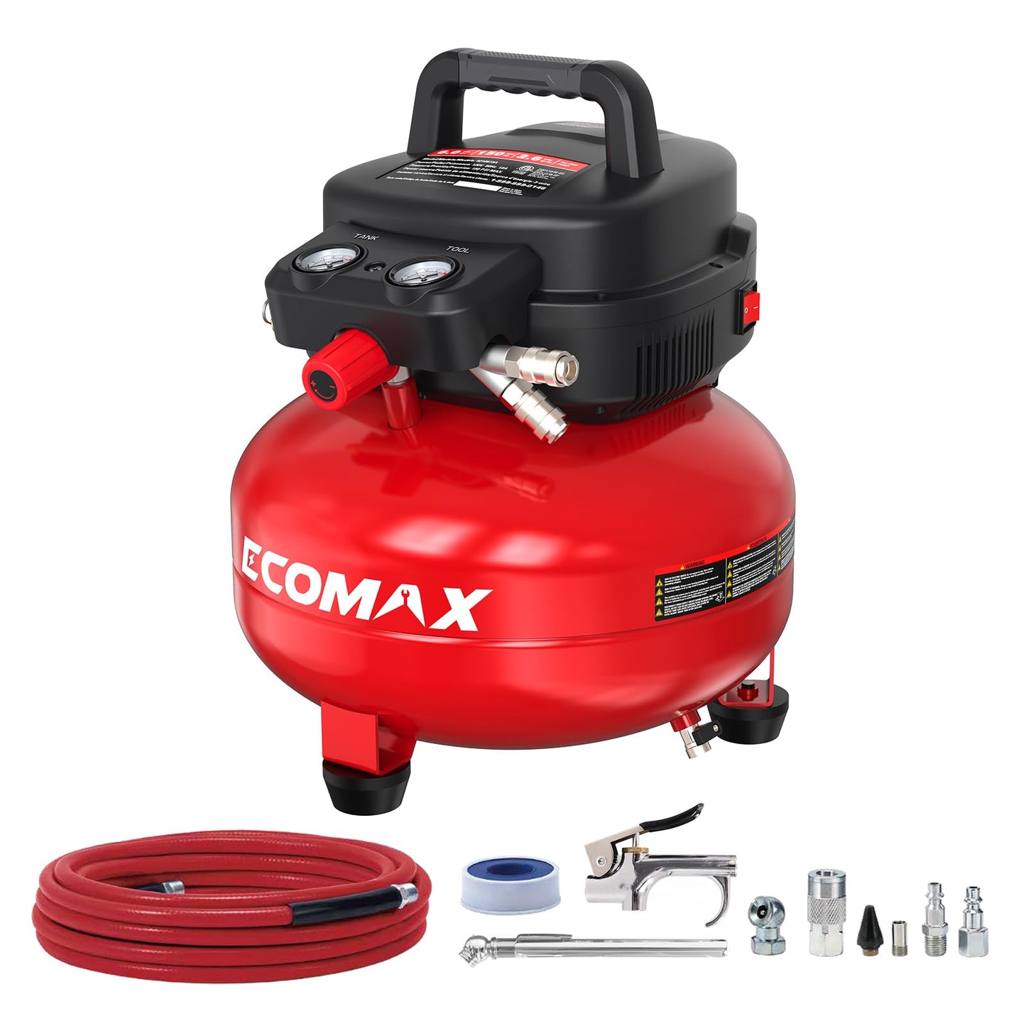 ECOMAX Air Compressor 6 Gallon 150 PSI Pancake Portable Oil-free Tank with 10 PCS Accessories Kit