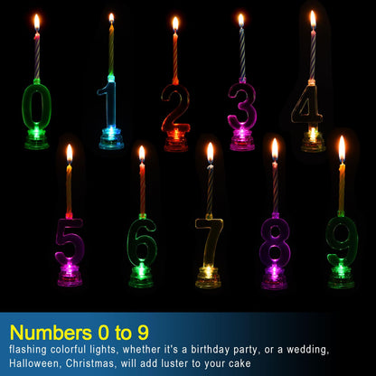 Boao 50 Pcs Birthday Number Candle Set Includes 10 Pcs Multicolor LED Flashing Number Candles with Transparent Shell and 40 Pcs Wax Candles(Colored Candle Style)