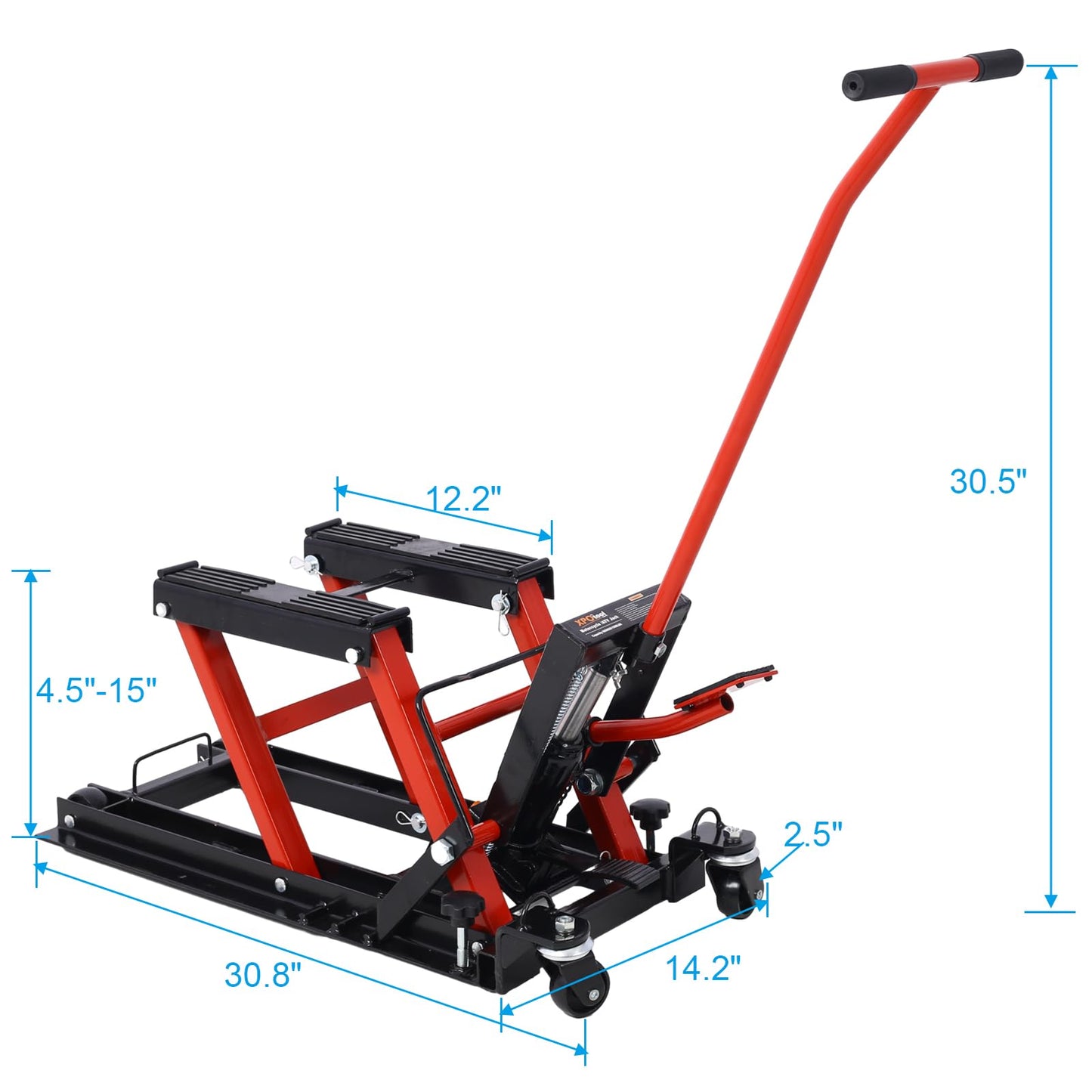 SPOFLYINN Hydraulic Motorcycle Lift Jack Foot-Operated Motorcycle Lift Table with 4 Wheels 1500 LBS Capacity 4.5" - 15" Lifting Range Black+red