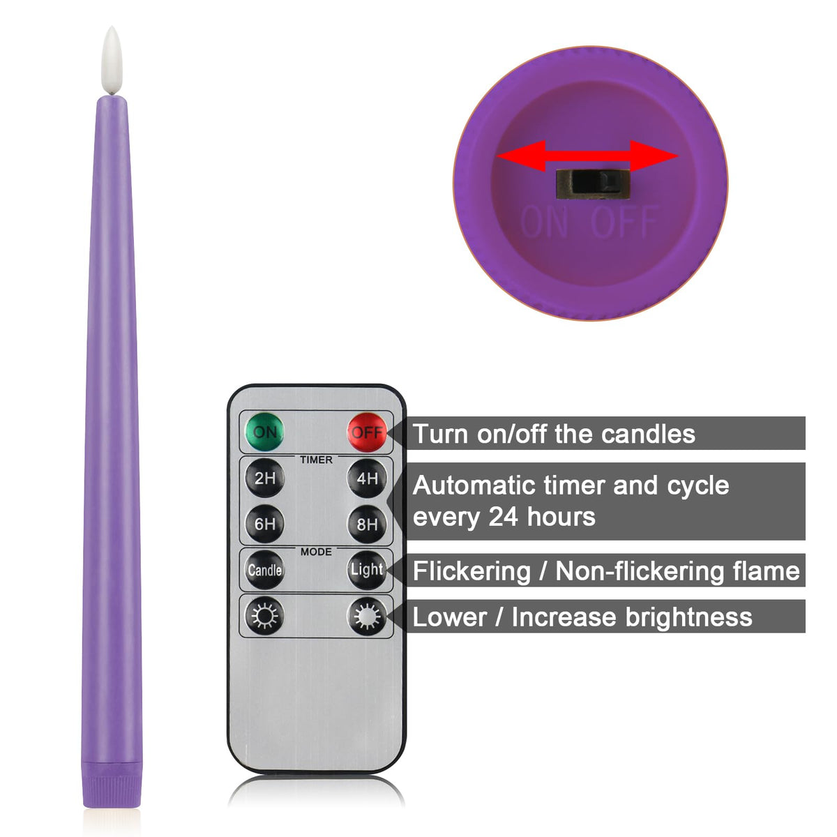 CVHOMEDECO. Flameless Taper Candles with 10-Key Remote, Battery Operated Led Flickering 3D Wick Window Candles Real Wax Finished Home Christmas Party Decor 0.78 x 11 Inch, Pack of 2, Purple