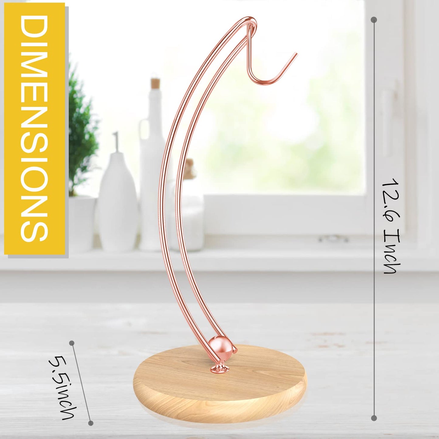 Signice Banana Holder Stand - Patented Modern Banana Tree Hanger with Wood Base Stainless Steel Banana Rack for Home Kitchen Use,Doesn't Tip Over (Rose Gold)