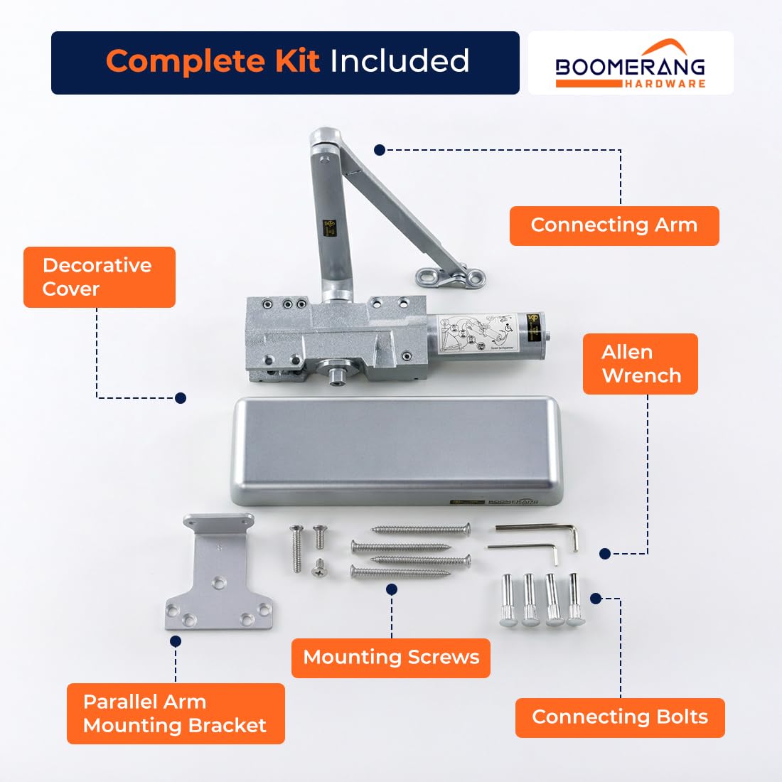 Boomerang D9016 Extra Heavy-Duty Designer Auto Commercial Door Closer, Multiple Mount Options, Door Closer for Extreme Traffic Areas, ADA & UL 3 Hour Fire Rated, Aluminum/Silver (US26D)