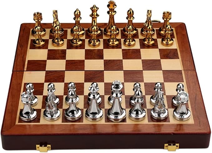 11Inch Large Deluxe Metal Chess Set - Portable Wooden Box with Alloy Pieces Folding Board Ideal for Adults
